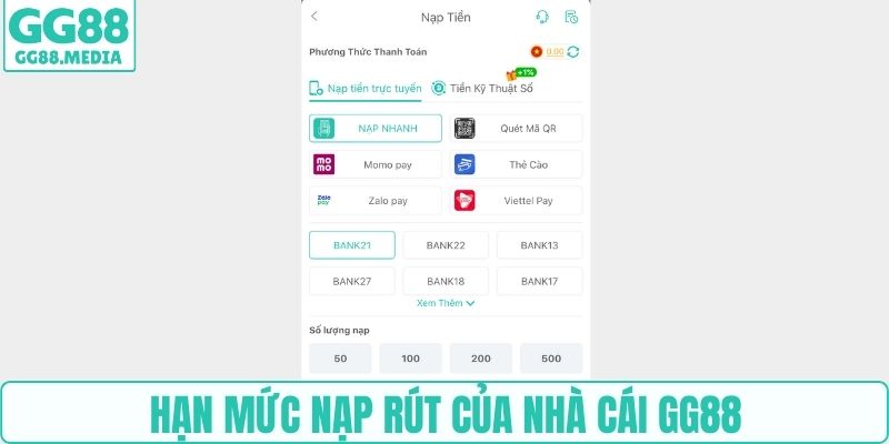 Hạn mức nạp rút của nhà cái GG88